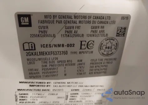 2015 GMC Terrain Sle-1 из США, поврежденный, VIN 2GKALMEKXF6373760